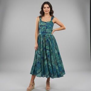 Vintage Paris Sports Club 100% Cotton Midi Blue and Green Floral Women's Dress
